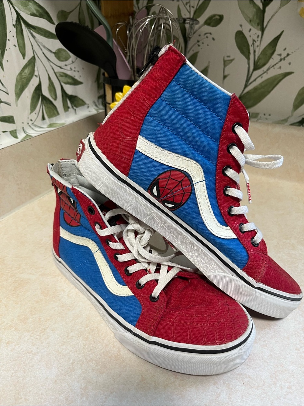 Vans Kids Red and Blue High-Top Sneakers with Spider Emblem